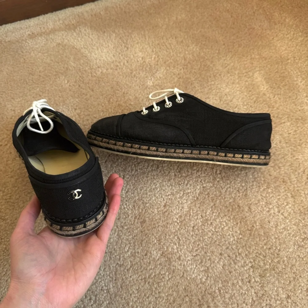 Chanel Lace Up Cotton Loafers Espadrilles 41 Black White